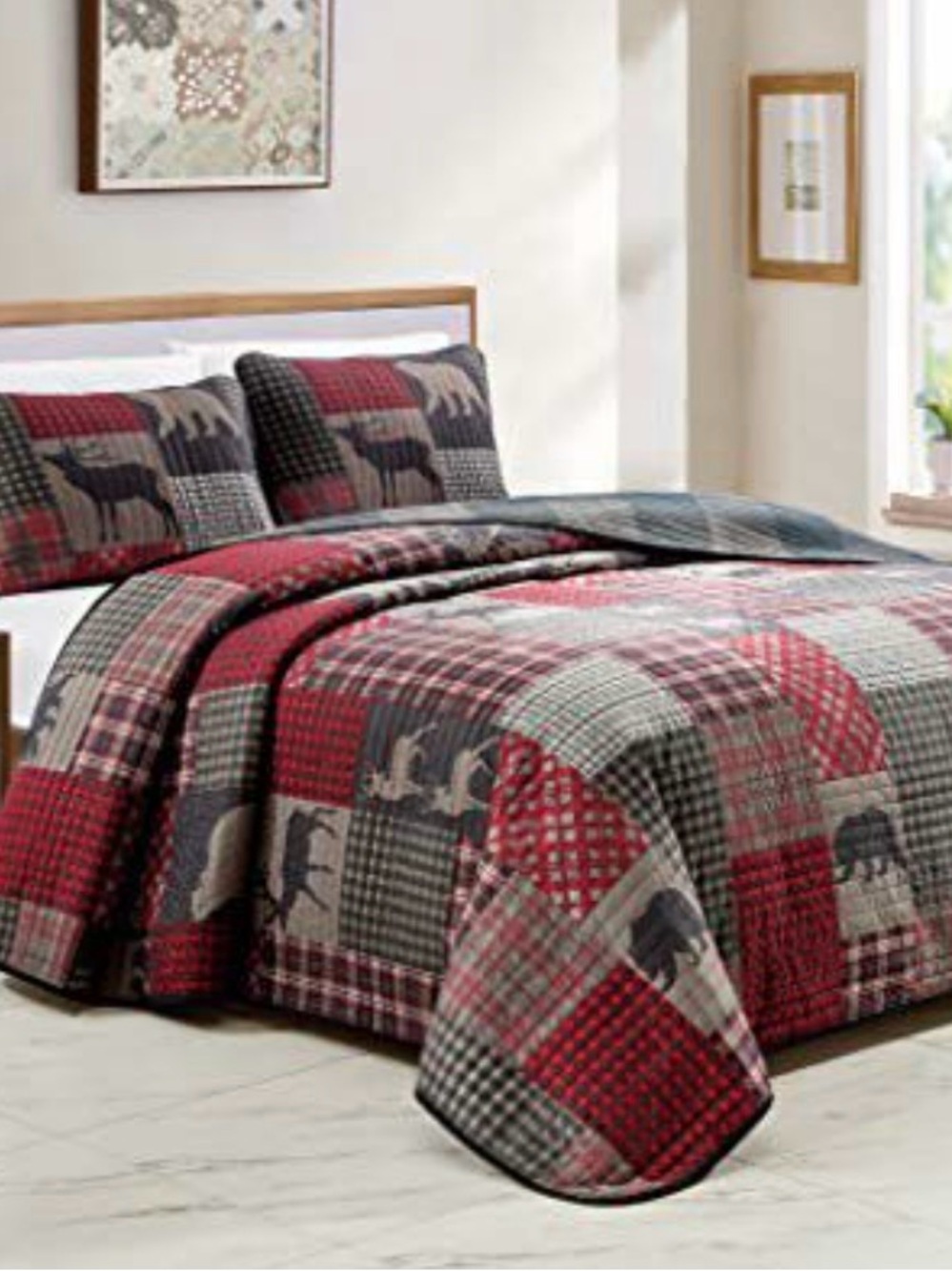 Plaid Cabin Quilted Bedspread Set in Red and Gray